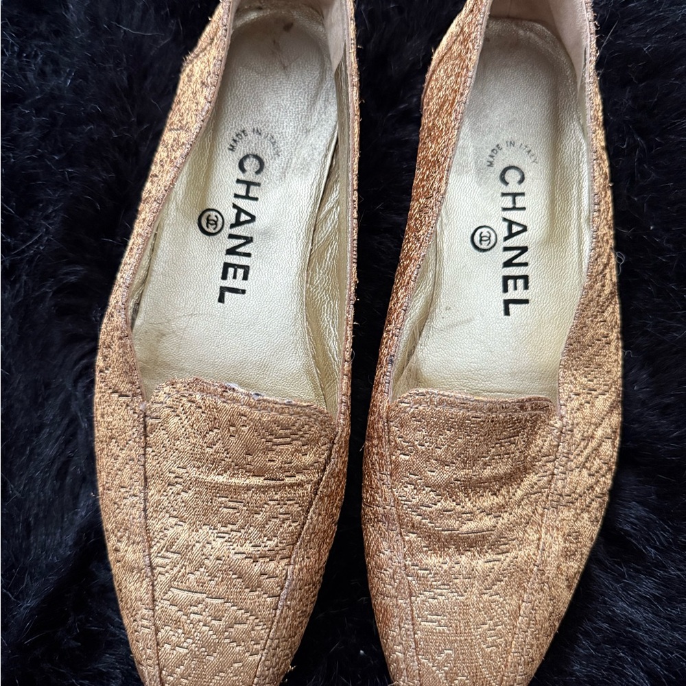 Chanel Vintage Metallic Gold Jacquard Flats EU 38
